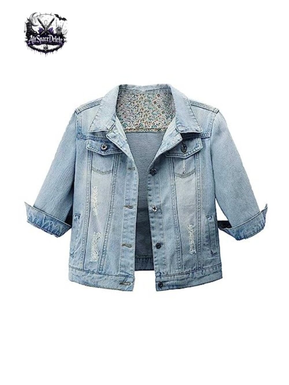 Womens Cropped Washed Denim Jacket 3/4 Sleeve Button Front Casual Coat